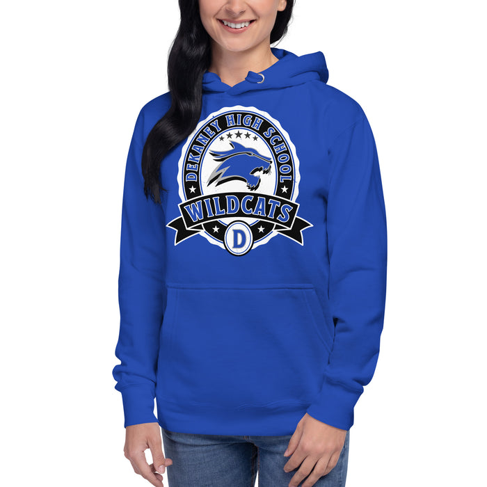 Woman wearing Dekaney High School Wildcats Royal Blue Premium Unisex Hoodie 212