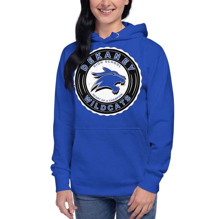 Woman wearing Dekaney High School Wildcats Royal Blue Premium Unisex Hoodie 216