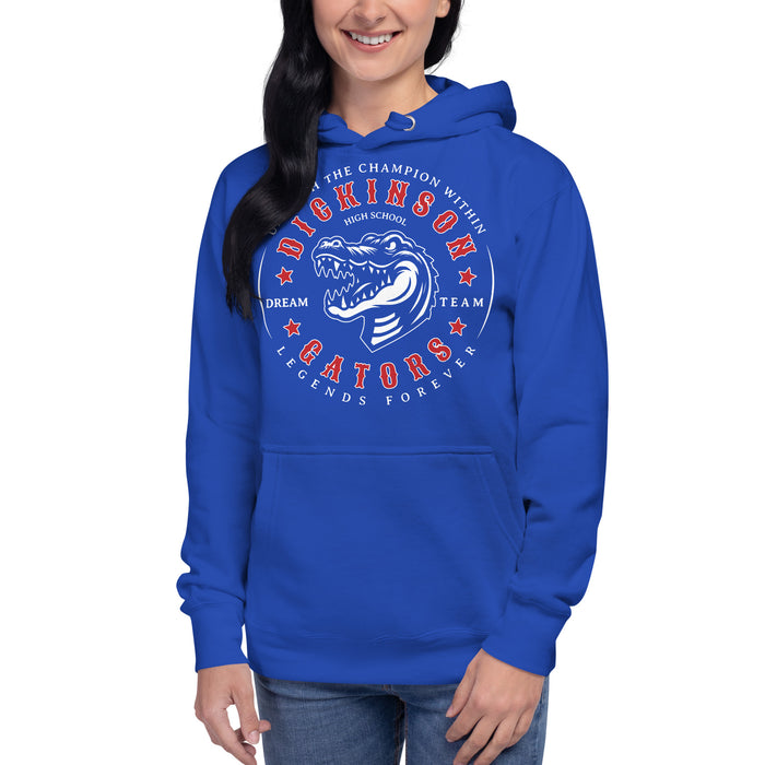 Woman wearing Dickinson High School Gators Royal Blue Premium Unisex Hoodie 214