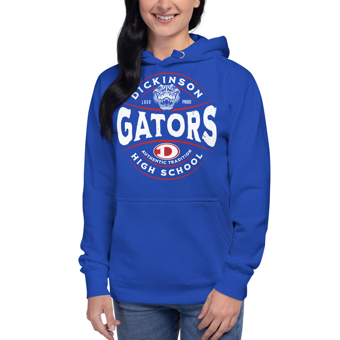 Woman wearing Dickinson High School Gators Royal Blue Premium Unisex Hoodie 218