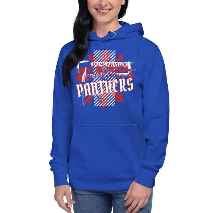 Woman wearing Duncanville High School Panthers Royal Blue Premium Hoodie 210