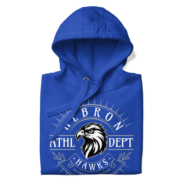 A close-up picture of a royal blue hoodie with the Hebron High School Hawks logo folded neatly. This hoodie features design #201