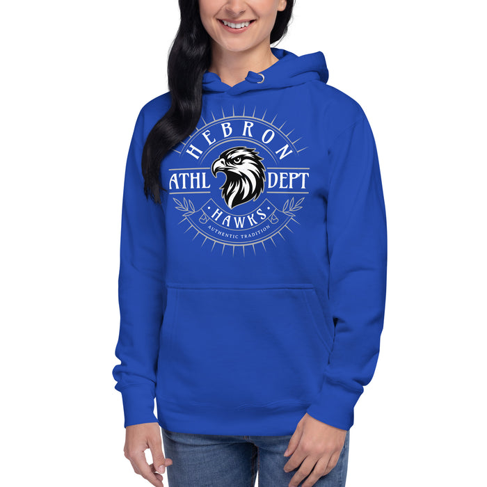 Woman wearing Hebron High School Hawks Royal Blue Premium Unisex Hoodie 201