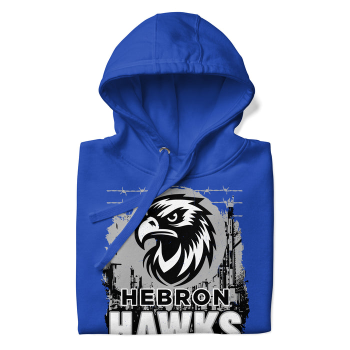 A close-up picture of a royal blue hoodie with the Hebron High School Hawks logo folded neatly. This hoodie features design #202