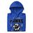 A close-up picture of a royal blue hoodie with the Hebron High School Hawks logo folded neatly. This hoodie features design #204