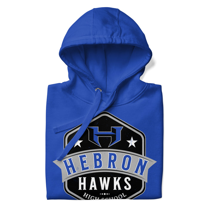 A close-up picture of a royal blue hoodie with the Hebron High School Hawks logo folded neatly. This hoodie features design #209