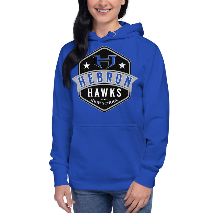 Woman wearing Hebron High School Hawks Royal Blue Premium Unisex Hoodie 209