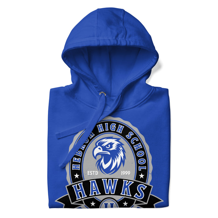 A close-up picture of a royal blue hoodie with the Hebron High School Hawks logo folded neatly. This hoodie features design #212