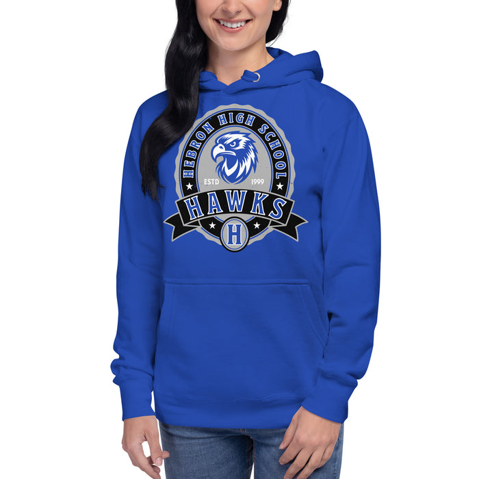 Woman wearing Hebron High School Hawks Royal Blue Premium Unisex Hoodie 212