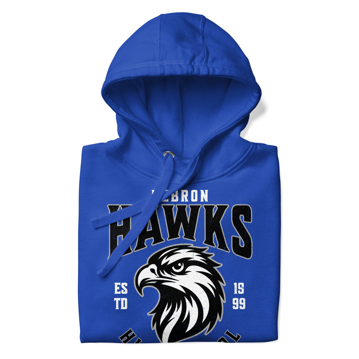 A close-up picture of a royal blue hoodie with the Hebron High School Hawks logo folded neatly. This hoodie features design #213