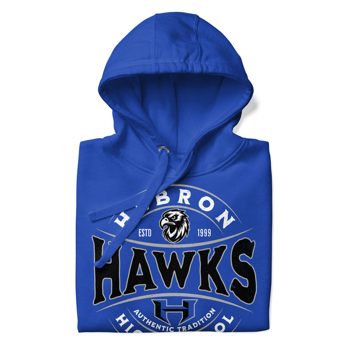 A close-up picture of a royal blue hoodie with the Hebron High School Hawks logo folded neatly. This hoodie features design #218