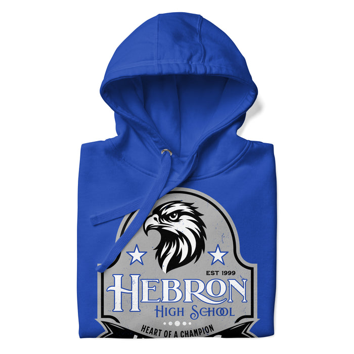 A close-up picture of a royal blue hoodie with the Hebron High School Hawks logo folded neatly. This hoodie features design #219