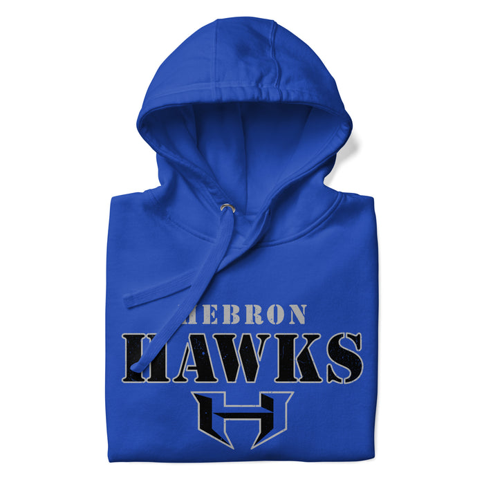 A close-up picture of a royal blue hoodie with the Hebron High School Hawks logo folded neatly. This hoodie features design #222