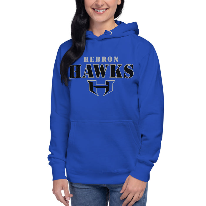 Woman wearing Hebron High School Hawks Royal Blue Premium Unisex Hoodie 222