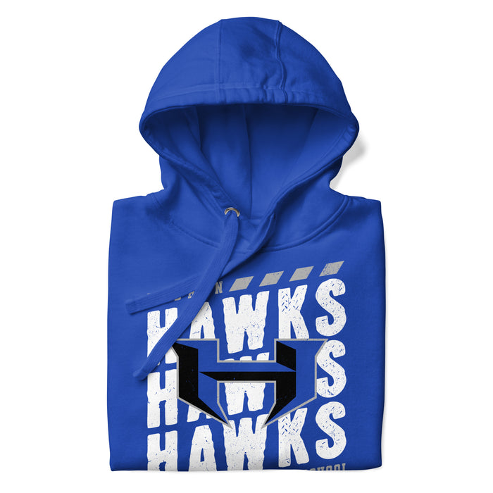 A close-up picture of a royal blue hoodie with the Hebron High School Hawks logo folded neatly. This hoodie features design #223