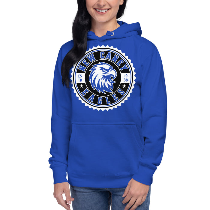 Woman wearing New Caney High School Eagles Royal Blue Premium Unisex Hoodie 203