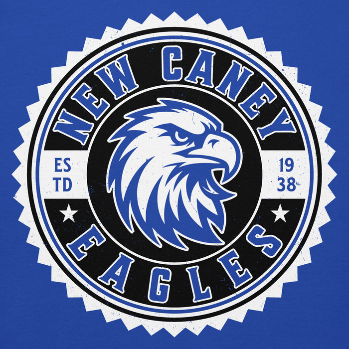 Close-up view of New Caney High School Eagles Royal Blue Premium Unisex Hoodie 203