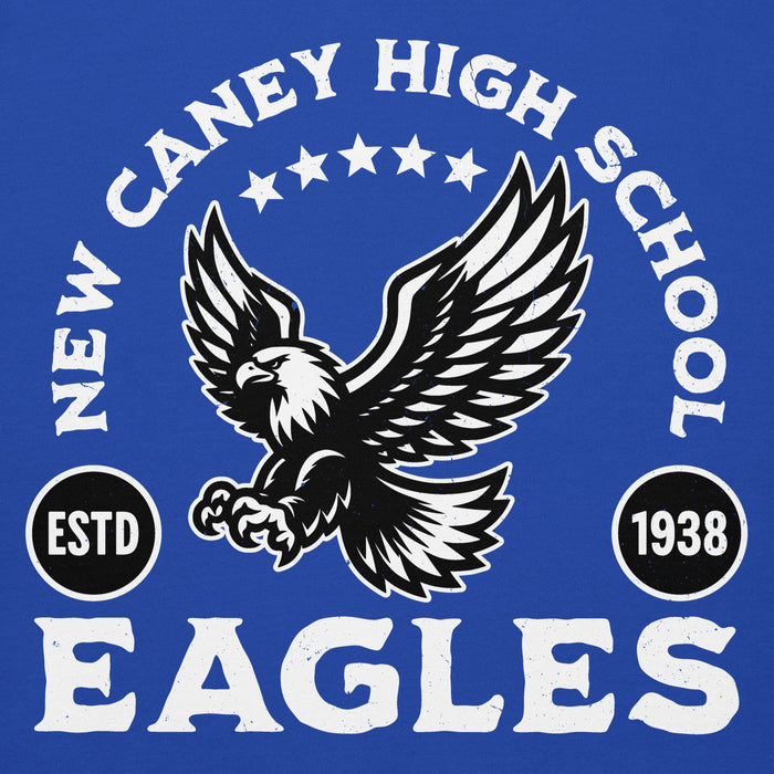 Close-up view of New Caney High School Eagles Royal Blue Premium Unisex Hoodie 208