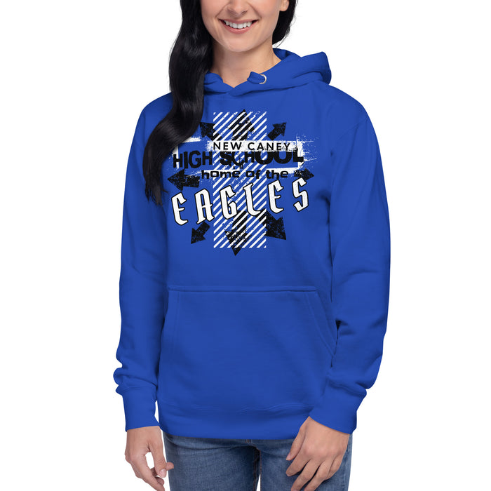 Woman wearing New Caney High School Eagles Royal Blue Premium Unisex Hoodie 210