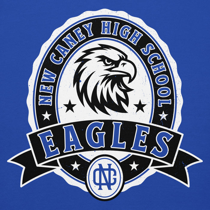 Close-up view of New Caney High School Eagles Royal Blue Premium Unisex Hoodie 212