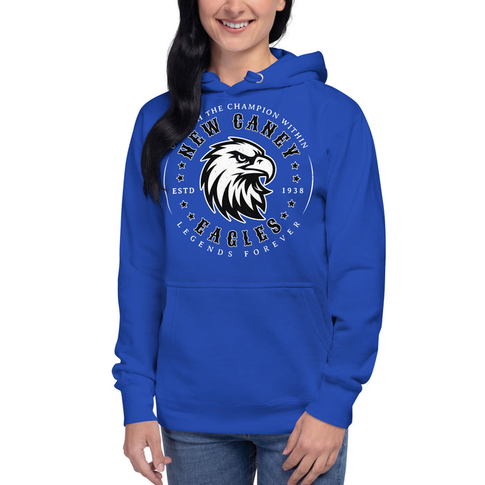 Woman wearing New Caney High School Eagles Royal Blue Premium Unisex Hoodie 214