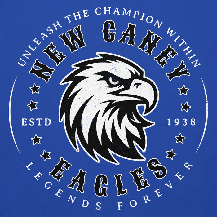 Close-up view of New Caney High School Eagles Royal Blue Premium Unisex Hoodie 214