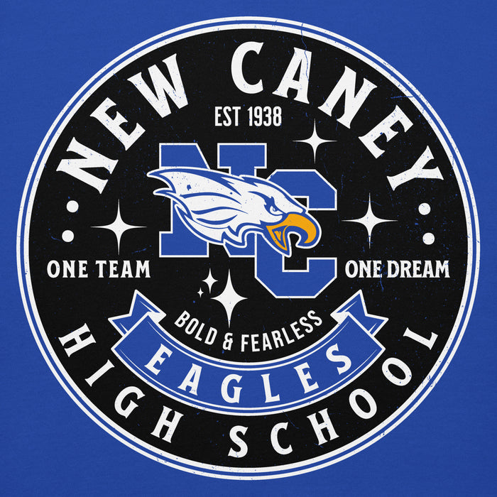 Close-up view of New Caney High School Eagles Royal Blue Premium Unisex Hoodie 215