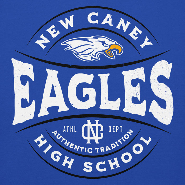 Close-up view of New Caney High School Eagles Royal Blue Premium Unisex Hoodie 218