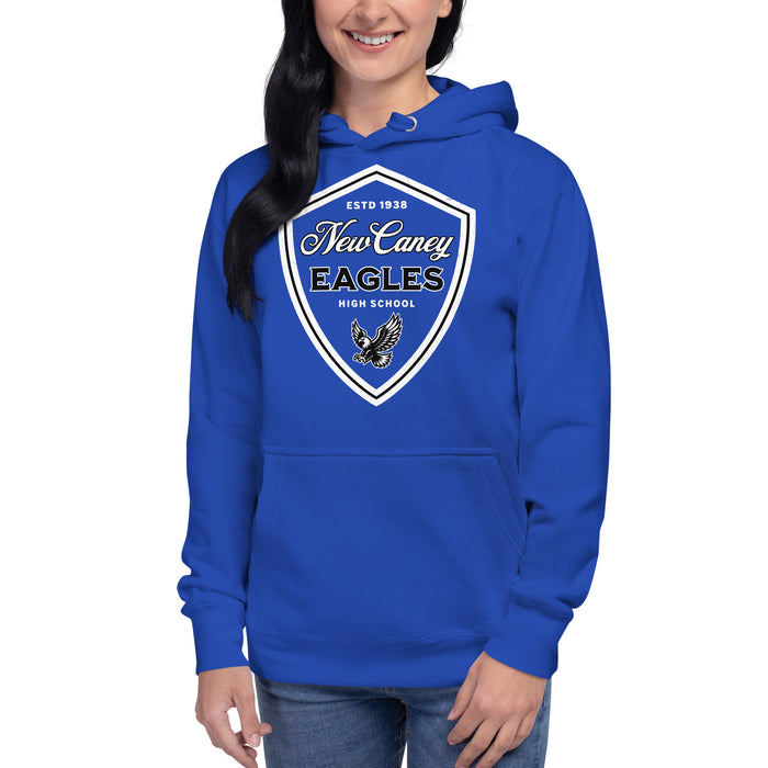 Woman wearing New Caney High School Eagles Royal Blue Premium Unisex Hoodie 225