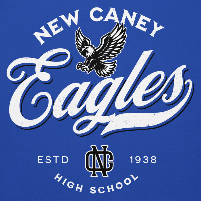 Close-up view of New Caney High School Eagles Royal Blue Premium Unisex Hoodie 226