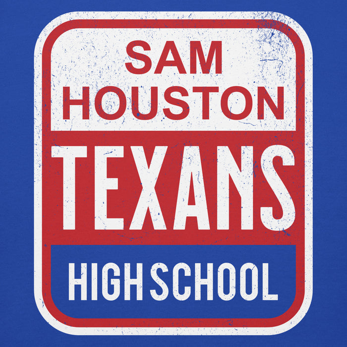 Close-up view of Sam Houston High School Texans Royal Blue Premium Unisex Hoodie 001