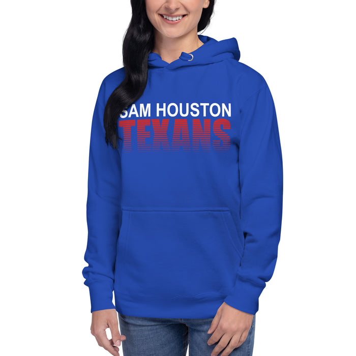 Woman wearing Sam Houston High School Texans Royal Blue Premium Unisex Hoodie 024