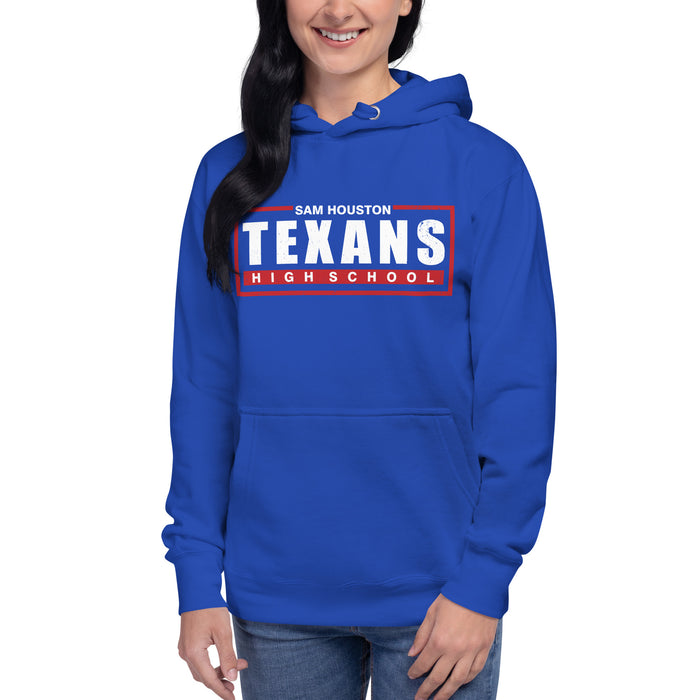 Woman wearing Sam Houston High School Texans Royal Blue Premium Unisex Hoodie 049