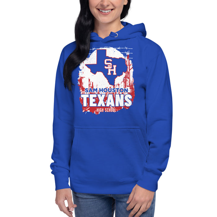 Woman wearing Sam Houston High School Texans Royal Blue Premium Unisex Hoodie 202