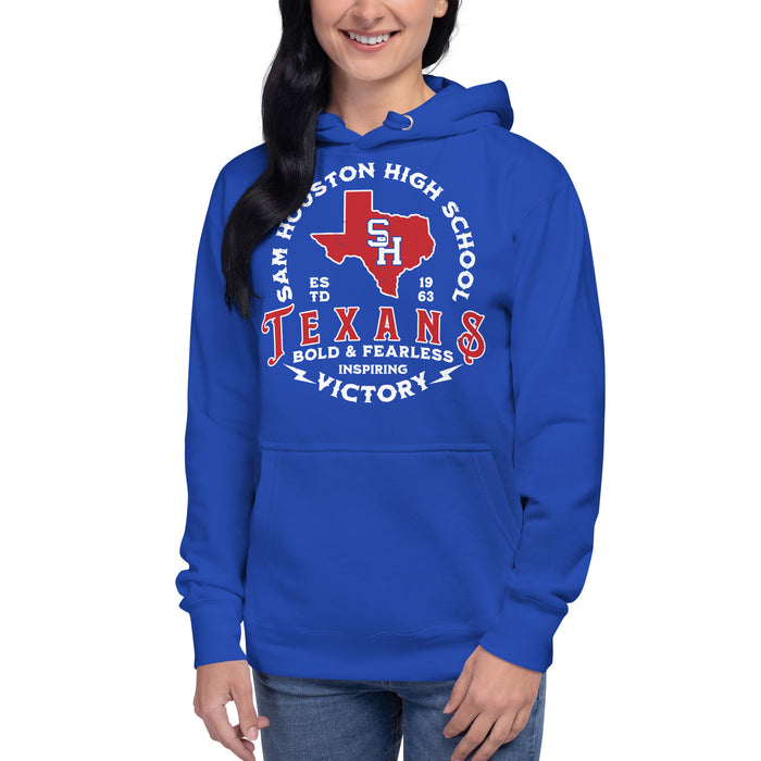 Woman wearing Sam Houston High School Texans Royal Blue Premium Unisex Hoodie 206