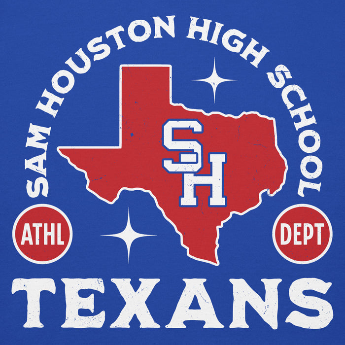 Close-up view of Sam Houston High School Texans Royal Blue Premium Unisex Hoodie 208