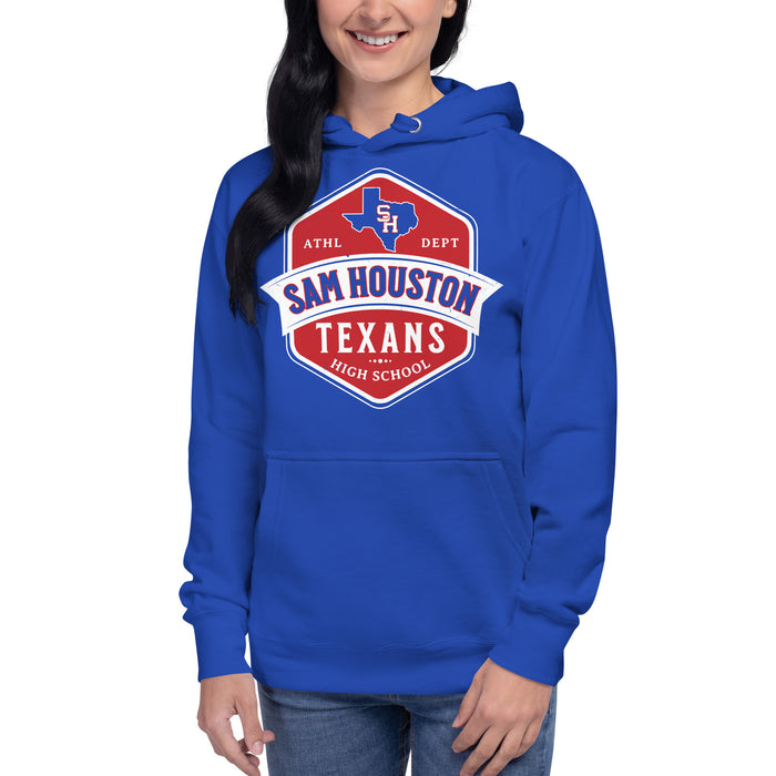 Woman wearing Sam Houston High School Texans Royal Blue Premium Unisex Hoodie 209