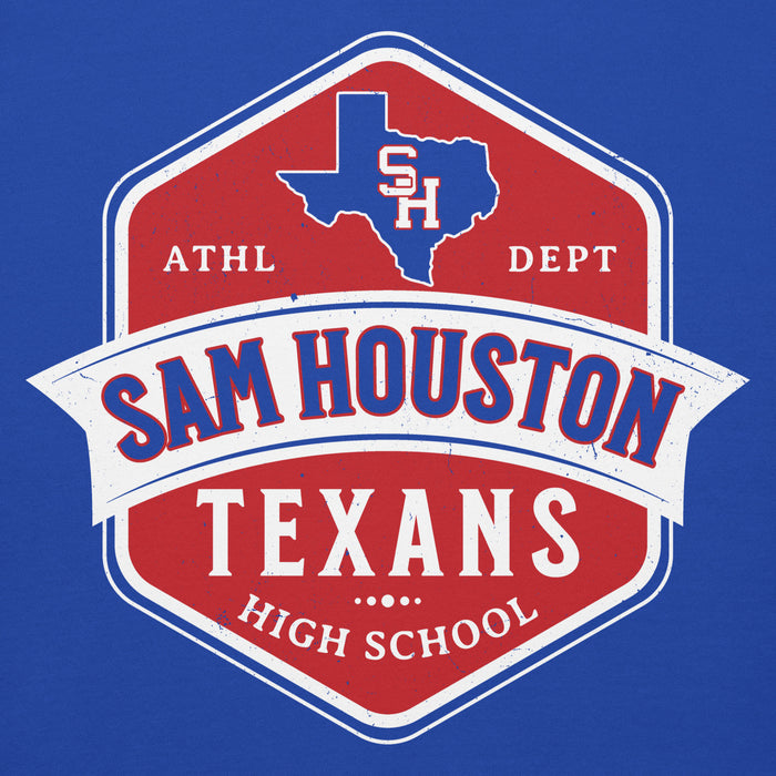 Close-up view of Sam Houston High School Texans Royal Blue Premium Unisex Hoodie 209