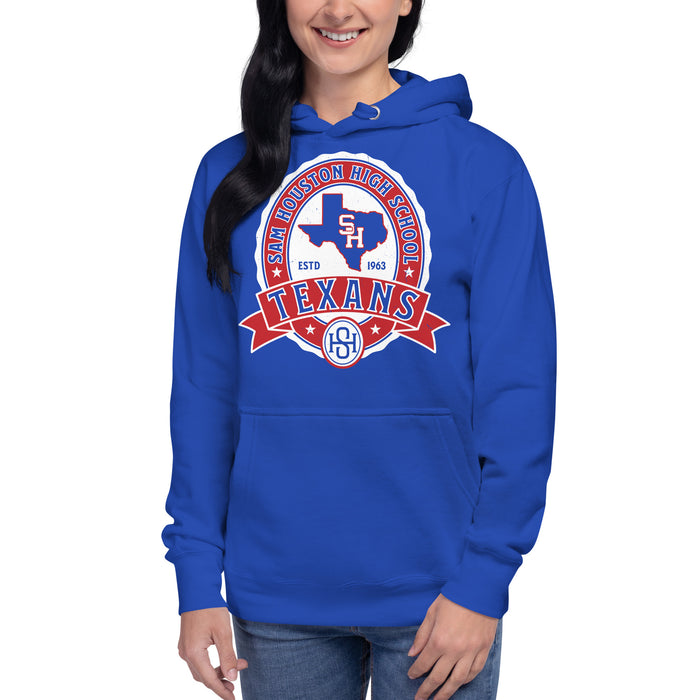 Woman wearing Sam Houston High School Texans Royal Blue Premium Unisex Hoodie 212