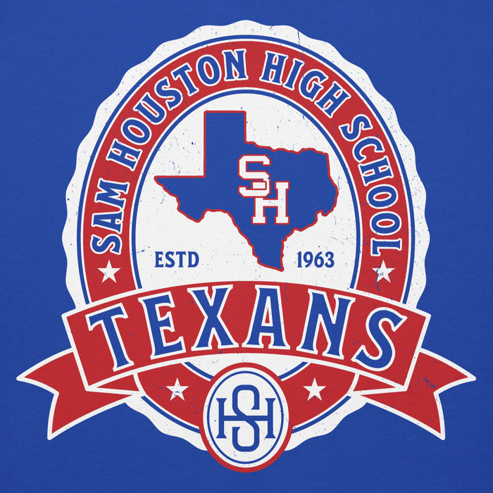 Close-up view of Sam Houston High School Texans Royal Blue Premium Unisex Hoodie 212