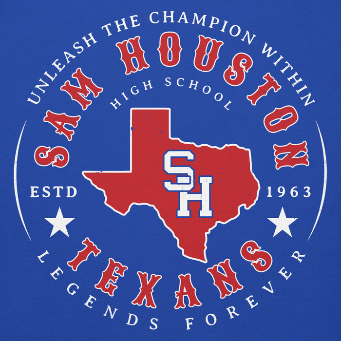 Close-up view of Sam Houston High School Texans Royal Blue Premium Unisex Hoodie 214