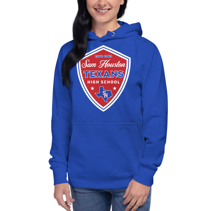 Woman wearing Sam Houston High School Texans Royal Blue Premium Unisex Hoodie 225