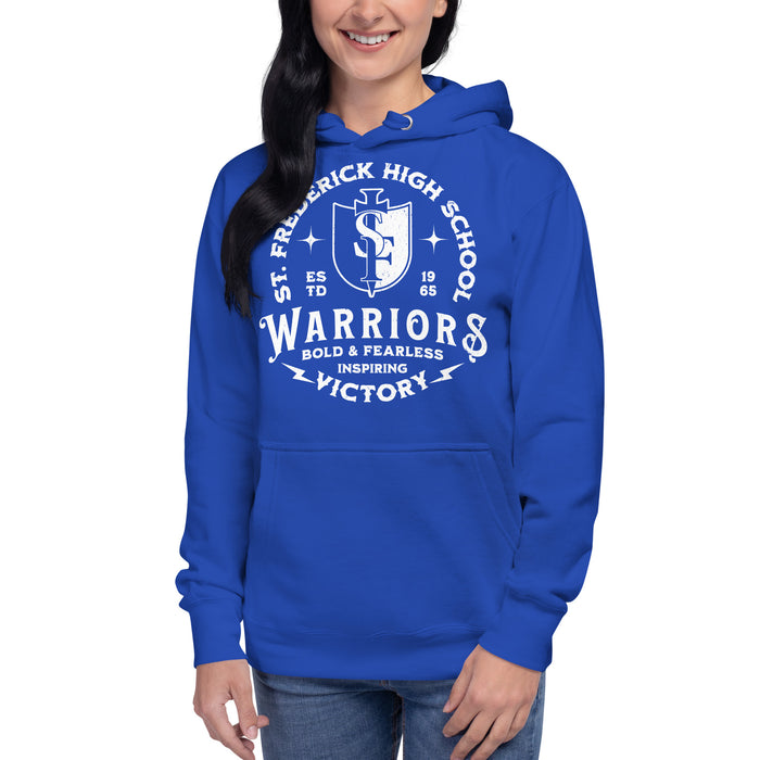 Woman wearing St. Frederick High School Warriors Royal Blue Premium Unisex Hoodie 206