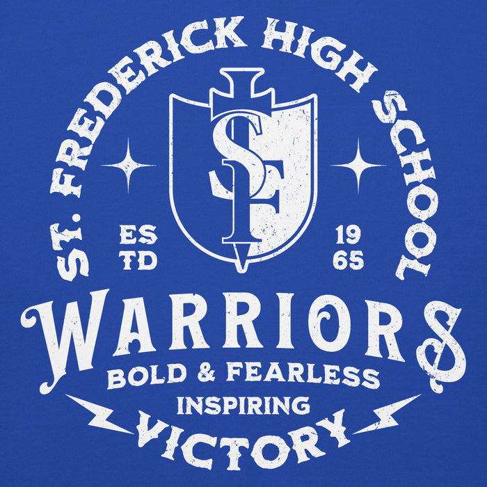 Close-up view of St. Frederick High School Warriors Royal Blue Premium Unisex Hoodie 206