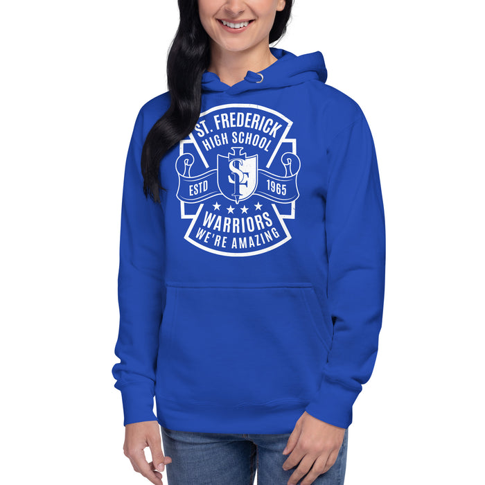 Woman wearing St. Frederick High School Warriors Royal Blue Premium Unisex Hoodie 207