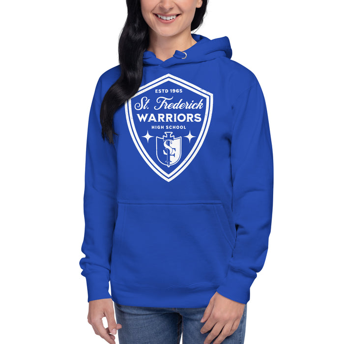 Woman wearing St. Frederick High School Warriors Royal Blue Premium Unisex Hoodie 225