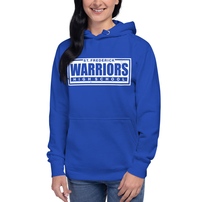 Woman wearing St. Frederick High School Warriors Royal Blue Premium Unisex Hoodie 049