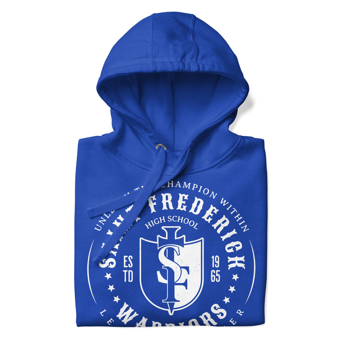 Neatly folded view of St. Frederick High School Warriors Royal Blue Premium Unisex Hoodie 214