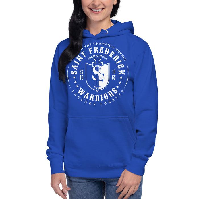 Woman wearing St. Frederick High School Warriors Royal Blue Premium Unisex Hoodie 214