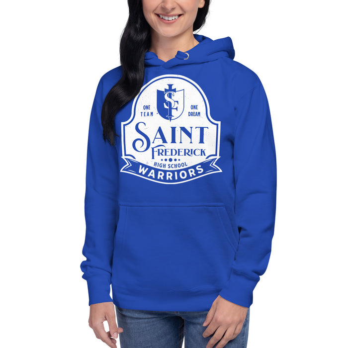 Woman wearing St. Frederick High School Warriors Royal Blue Premium Unisex Hoodie 219